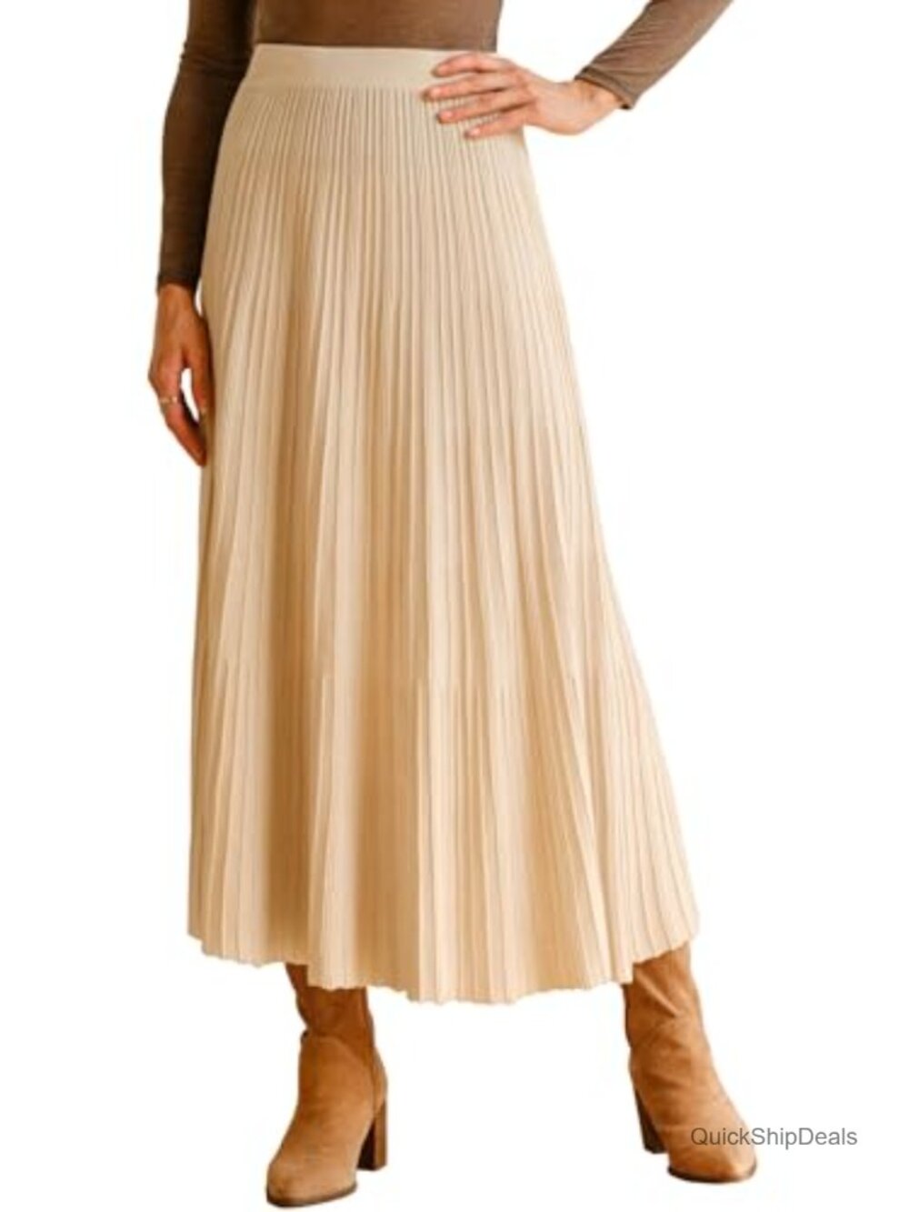 Wool Blend A-Line Pleated Flowy Calf-Length Skirt High Rise Elastic Waist